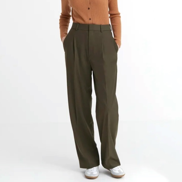 Uniqlo Pleated Wide Leg Pants Lg Olive Green High Waisted Classic Dark Academia - Picture 1 of 8